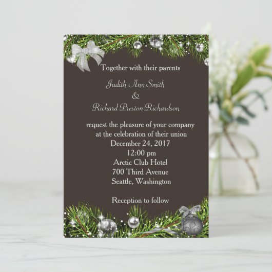 銀製のオーナメントを持つクリスマスの結婚式招待状 招待状 (スタンド正面)