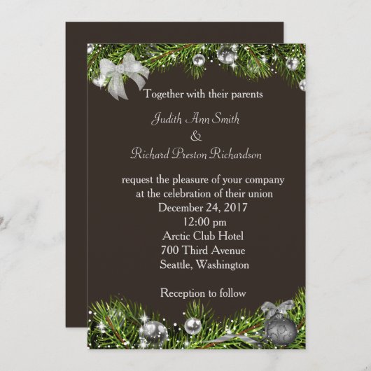 銀製のオーナメントを持つクリスマスの結婚式招待状 招待状 (正面/裏面)