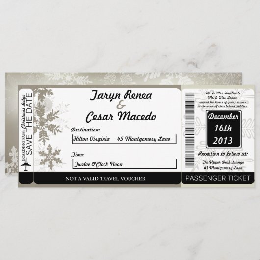 銀製のクリスマスの搭乗券の結婚式招待状 招待状 (正面/裏面)