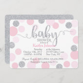銀製のグリッターおよびピンクによって分散させる点のベビーシャワー 招待状 (正面/裏面)