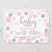 銀製のグリッターおよびピンクによって分散させる点のベビーシャワー 招待状 (正面)