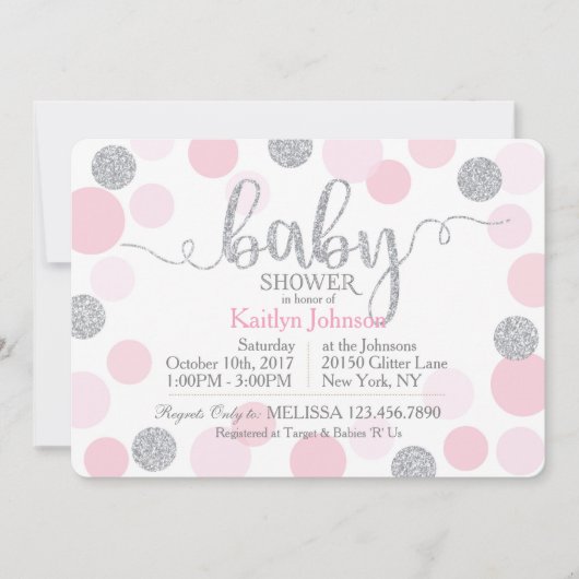 銀製のグリッターおよびピンクによって分散させる点のベビーシャワー 招待状 (正面)