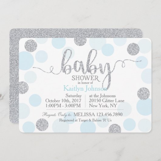 銀製のグリッターおよび青によって分散させる点のベビーシャワー 招待状 (正面/裏面)