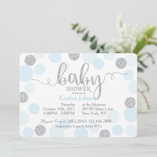 銀製のグリッターおよび青によって分散させる点のベビーシャワー 招待状 (スタンド正面)