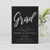 銀製のグリッターおよび黒い卒業パーティー 招待状 (スタンド正面)