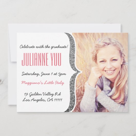 銀製のグリッターの卒業2015年のパーソナライズな招待 招待状 (正面)