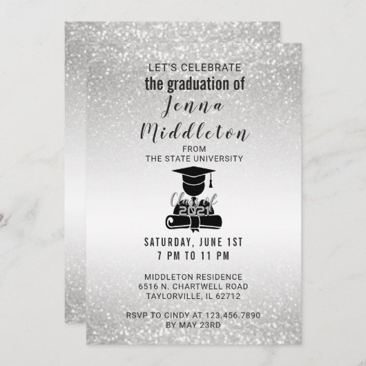銀製のグリッターの卒業 招待状 (正面/裏面)