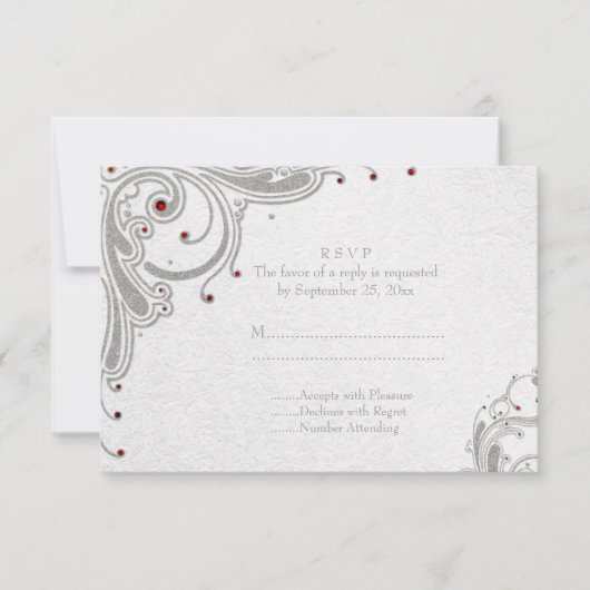 銀製のグリッターの渦巻 + RSVPを結婚する赤い宝石 出欠カード (正面)