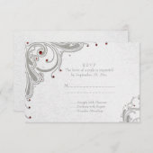 銀製のグリッターの渦巻 + RSVPを結婚する赤い宝石 出欠カード (正面/裏面)