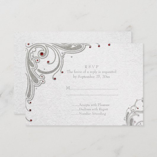 銀製のグリッターの渦巻 + RSVPを結婚する赤い宝石 出欠カード (正面/裏面)