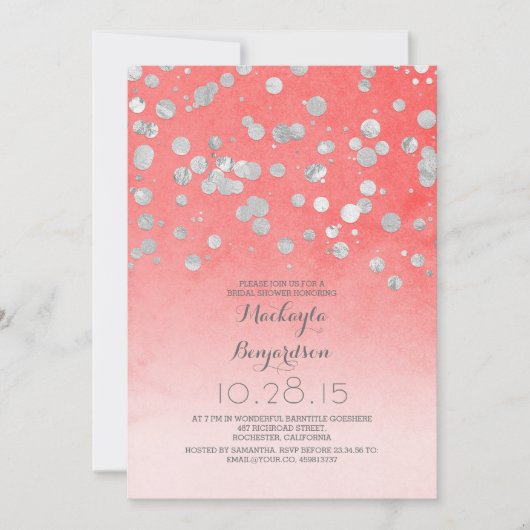 銀製のグリッターの紙吹雪の珊瑚のピンクのブライダルシャワー 招待状 (正面)