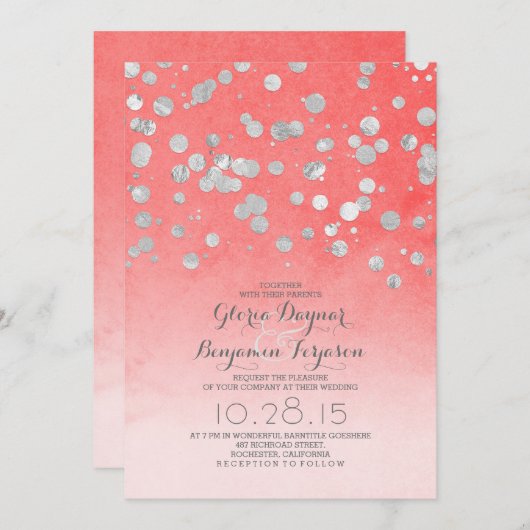銀製のグリッターの紙吹雪の珊瑚のピンクの結婚式の招待 招待状 (正面/裏面)