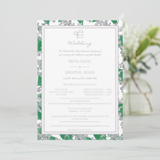 銀製のグリッターの緑の花のパンジャブ語シーク教徒のEk Onkar 招待状 (スタンド正面)