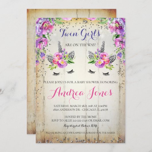 銀製のグリッターの花のユニコーンのベビーシャワーの招待 招待状 (正面/裏面)