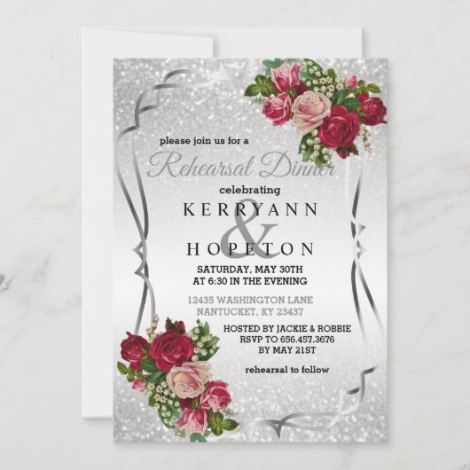 銀製のグリッターの赤く、ピンクの花 招待状 (正面)