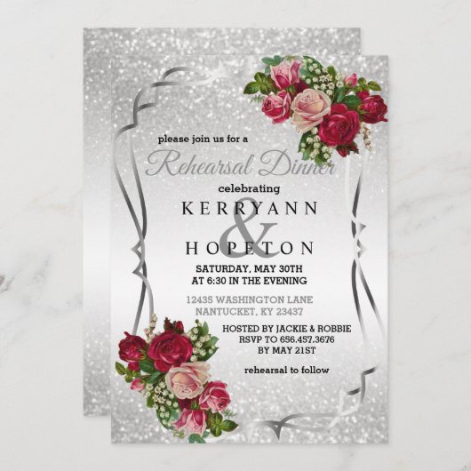 銀製のグリッターの赤く、ピンクの花 招待状 (正面/裏面)