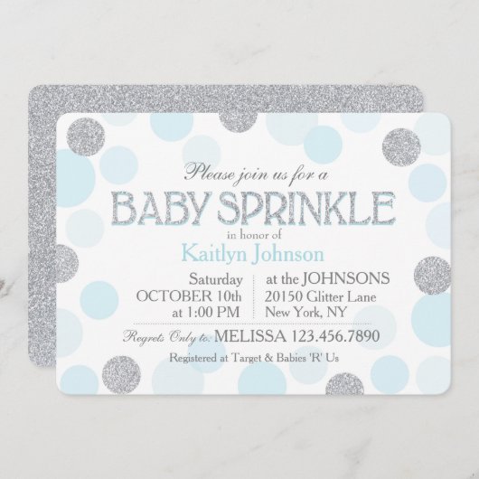 銀製のグリッターの青い分散点のベビーは振りかけます 招待状 (正面/裏面)