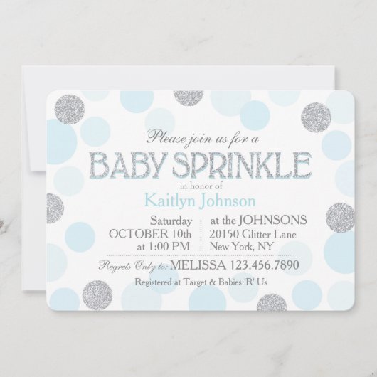 銀製のグリッターの青い分散点のベビーは振りかけます 招待状 (正面)