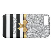 銀製のグリッターの黒のストライブ柄の金ゴールドの弓モノグラム Case-Mate iPhoneケース (裏面(横))