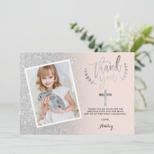 銀製のグリッターは最初聖餐の写真感謝していしています サンキューカード (スタンド正面)