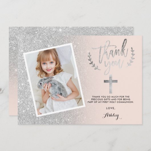 銀製のグリッターは最初聖餐の写真感謝していしています サンキューカード (正面/裏面)