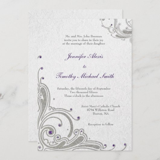 銀製のグリッターは紫色の宝石招待を結婚する渦巻きます 招待状 (正面/裏面)