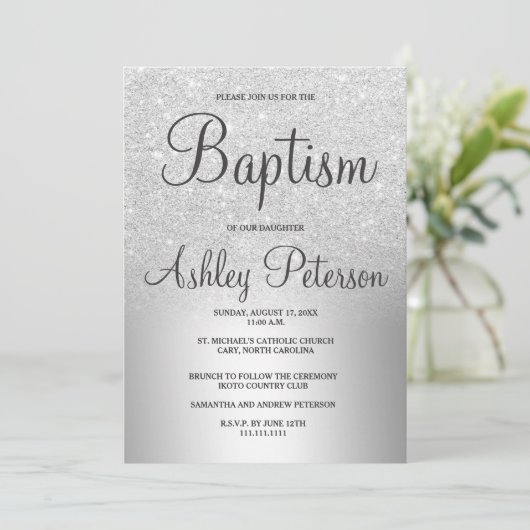 銀製のグリッターグラデーションな金属ホイルの洗礼 招待状 (スタンド正面)