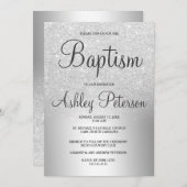 銀製のグリッターグラデーションな金属ホイルの洗礼 招待状 (正面/裏面)