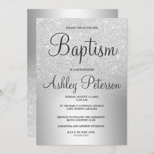 銀製のグリッターグラデーションな金属ホイルの洗礼 招待状 (正面/裏面)