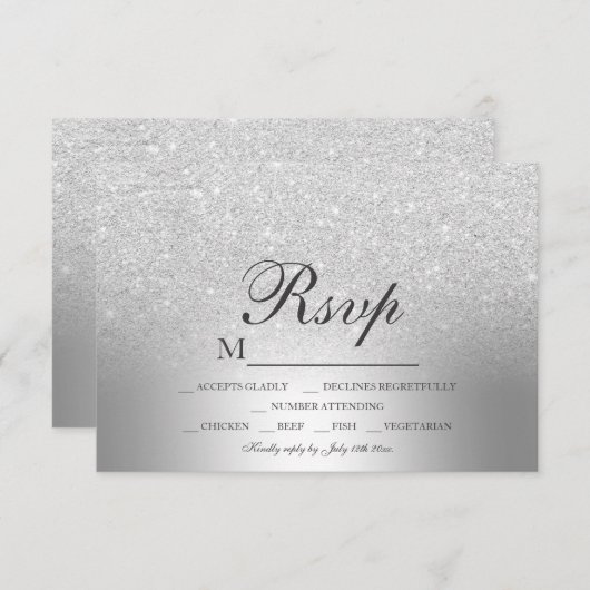 銀製のグリッターグラデーションな金属ホイルRSVPの結婚式 出欠カード (正面/裏面)