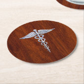 銀製のケリュケイオンの医学の記号のマホガニーの装飾 ラウンドペーパーコースター (アングル)