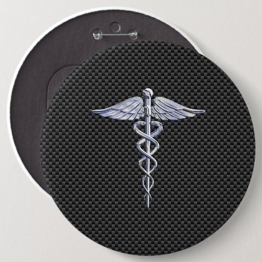 銀製のケリュケイオンの医学の記号カーボン繊維のスタイル 缶バッジ (正面&裏面)