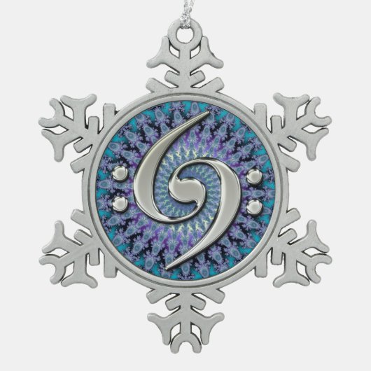 銀製のコントラバスのクレフ、音符記号のフラクタルの雪片のオーナメント スノーフレークピューターオーナメント (正面)