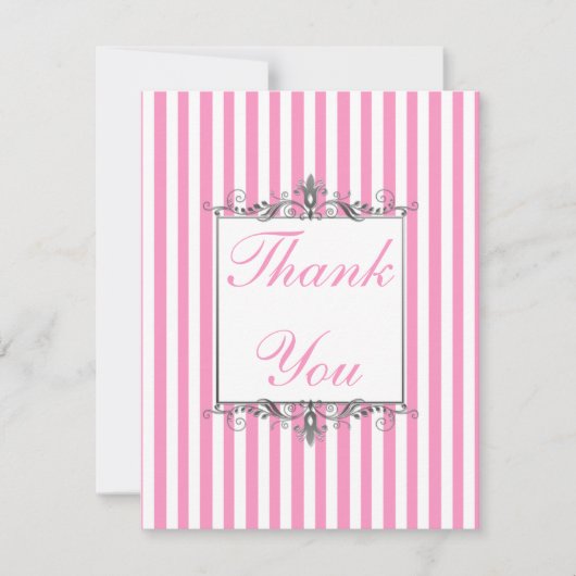 銀製のサンキューカードのピンクおよび白のストライプ サンキューカード (正面)