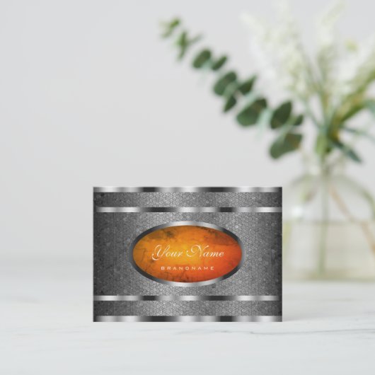銀製のスネークパターンとオレンジ大理石 名刺 (スタンド正面)