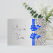 銀製のスパンコールのダイヤモンドの青い弓結婚式は感謝していしています サンキューカード (スタンド正面)