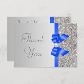 銀製のスパンコールのダイヤモンドの青い弓結婚式は感謝していしています サンキューカード (正面/裏面)