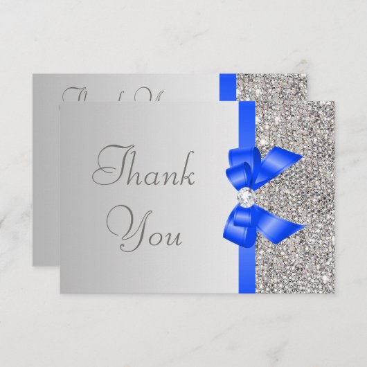 銀製のスパンコールのダイヤモンドの青い弓結婚式は感謝していしています サンキューカード (正面/裏面)