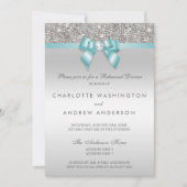 銀製のスパンコールのティール（緑がかった色）の弓結婚式のリハーサルの夕食 招待状 (正面)