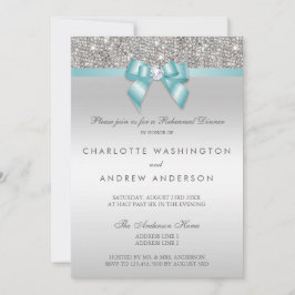 銀製のスパンコールのティール（緑がかった色）の弓結婚式のリハーサルの夕食 招待状