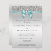 銀製のスパンコールのティール（緑がかった色）の弓結婚式のリハーサルの夕食 招待状 (正面/裏面)