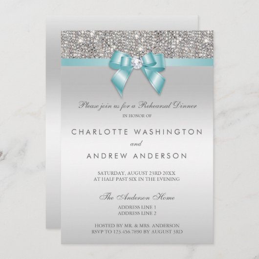 銀製のスパンコールのティール（緑がかった色）の弓結婚式のリハーサルの夕食 招待状 (正面/裏面)