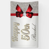 銀製のスパンコールの赤くフェイクな弓第50誕生日 横断幕 (縦)