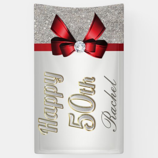 銀製のスパンコールの赤くフェイクな弓第50誕生日 横断幕 (縦)