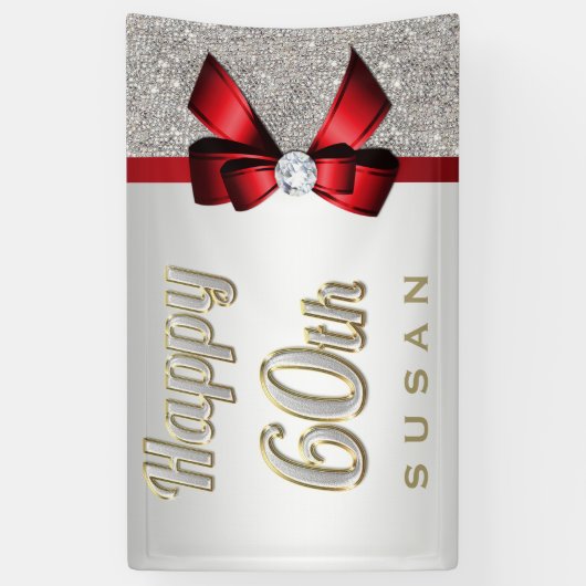 銀製のスパンコールの赤くフェイクな弓第60誕生日 横断幕 (縦)