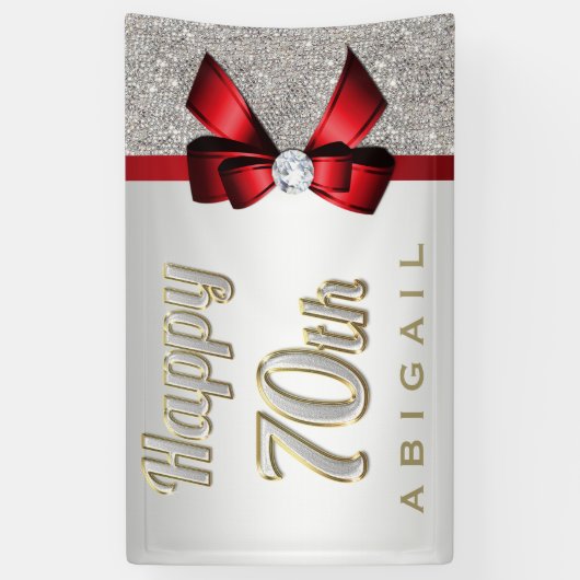 銀製のスパンコールの赤くフェイクな弓第70誕生日 横断幕 (縦)