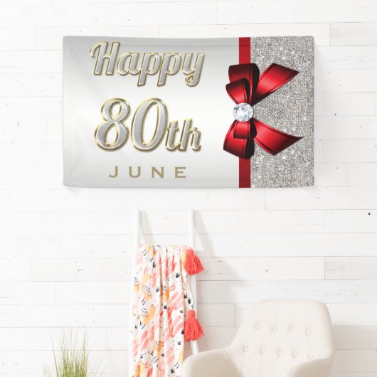 銀製のスパンコールの赤くフェイクな弓第80誕生日 横断幕 (インサイチュ)