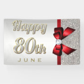 銀製のスパンコールの赤くフェイクな弓第80誕生日 横断幕 (横)