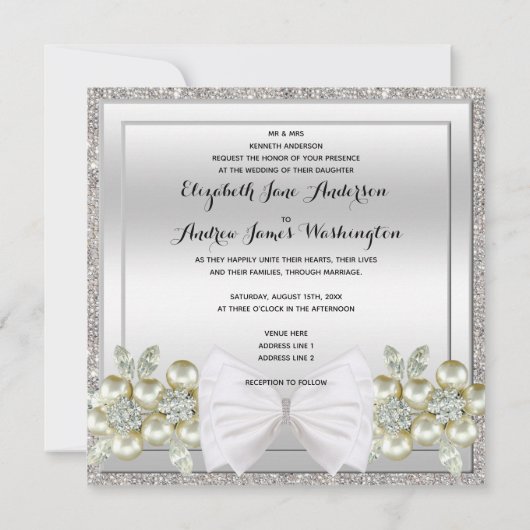 銀製のスパンコール及び花の宝石のグリッターの弓結婚式 招待状 (裏面)