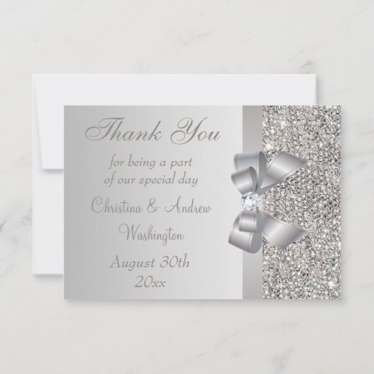 銀製のスパンコール、弓及びダイヤモンド結婚式は感謝していしています サンキューカード (裏面)